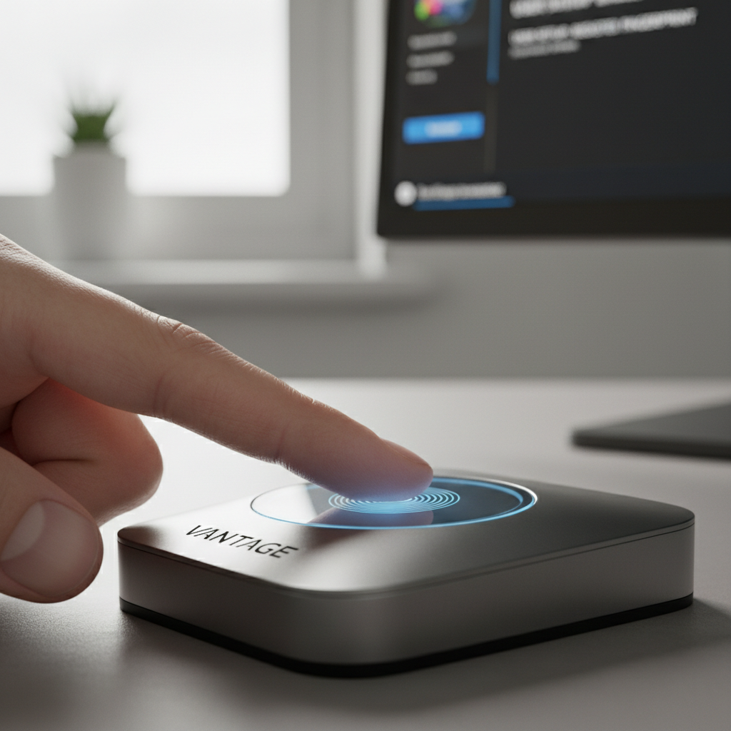 Electronic fingerprint scanning device with blue light on dark background