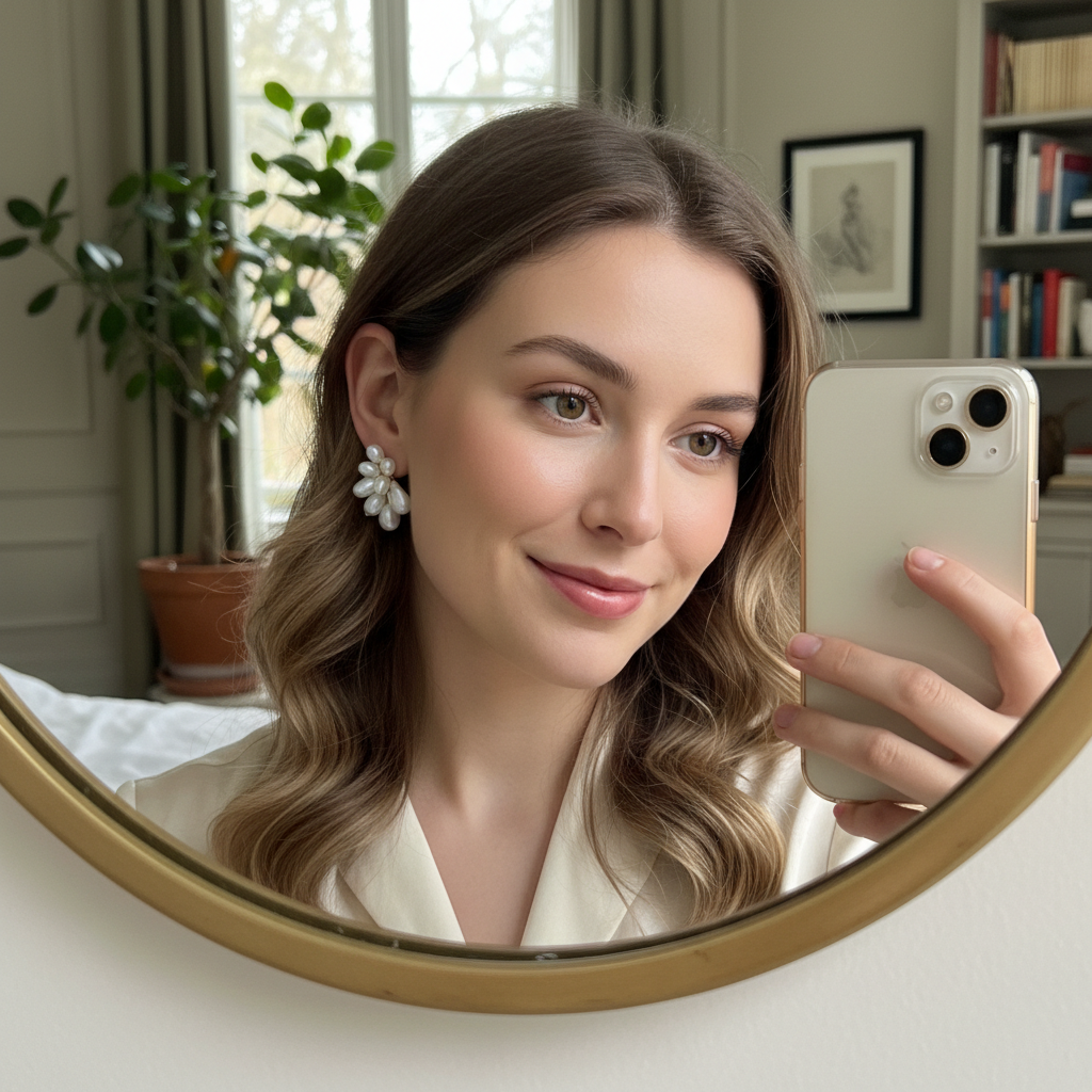 Young woman wearing pearl cluster earrings, mirror selfie