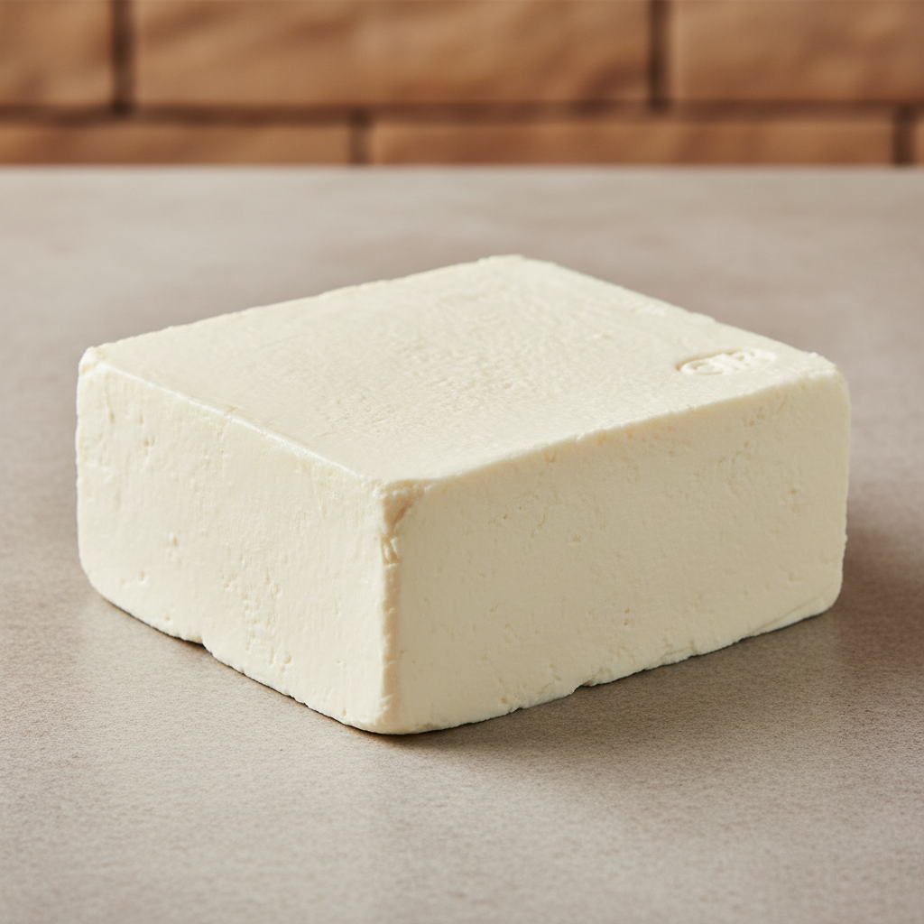 Fresh dairy products including milk, butter and paneer arranged on white marble surface, bright airy natural lighting