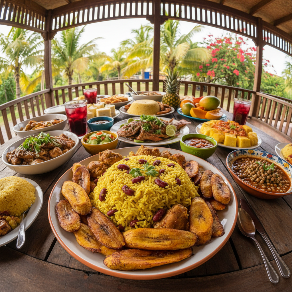 Traditional Caribbean home-cooked meal with rice, stewed chicken, plantains and local vegetables