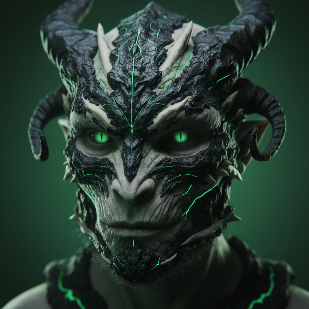 Fantasy creature makeup with dark textured prosthetics under dim green-tinted lighting