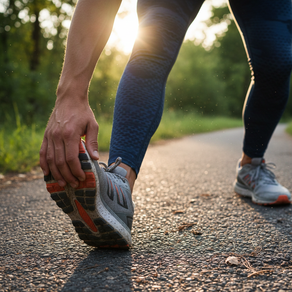 Runner stretching legs before a morning run, close-up of hands and lower body, warm natural light, authentic documentary feel