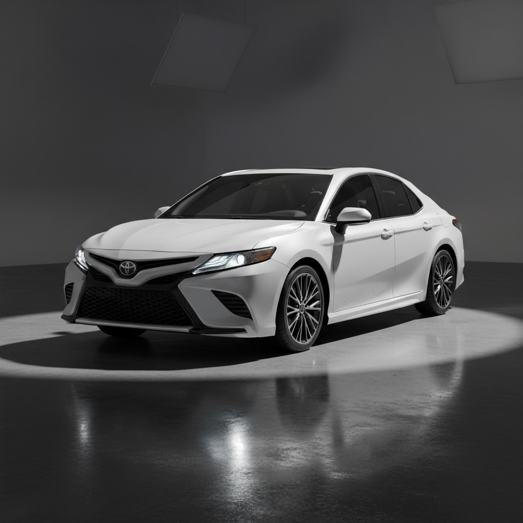 2023 Toyota Camry XSE in white parked in a clean modern parking structure with dramatic lighting