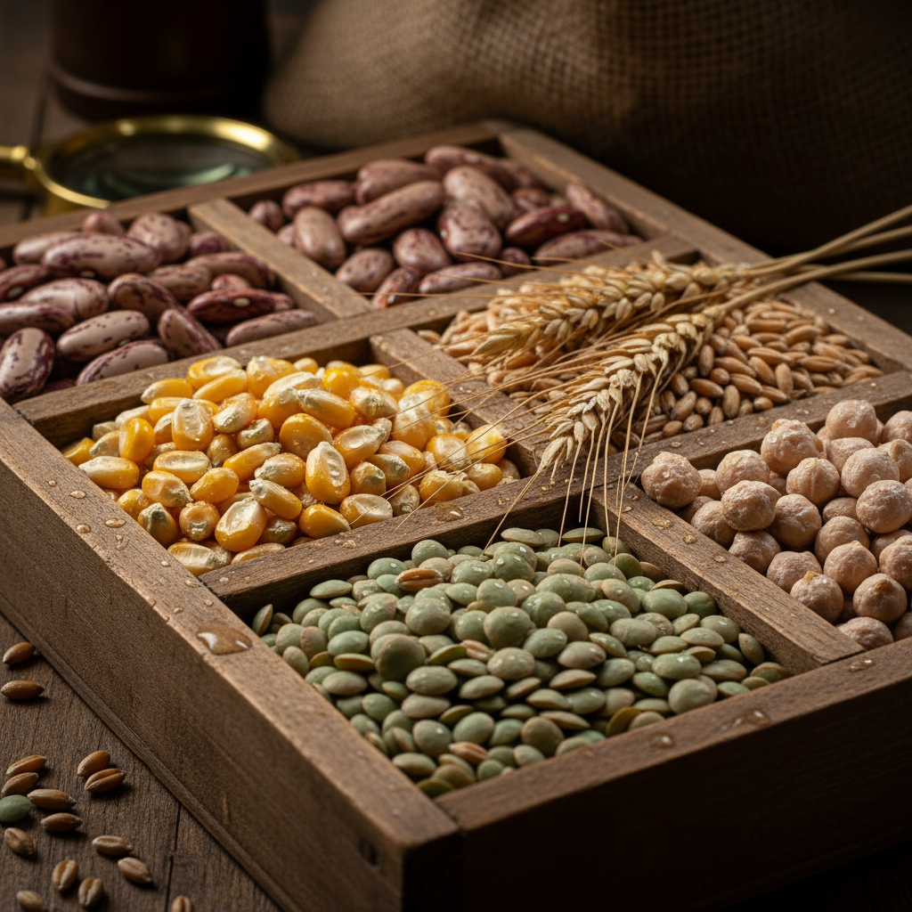 Assorted grains including wheat, corn and rice in wooden bowls
