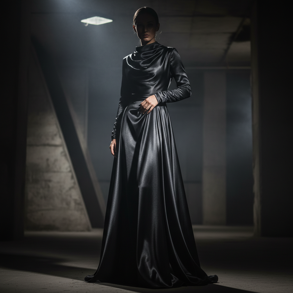Model in onyx black party dress, dramatic fashion photography, high contrast lighting