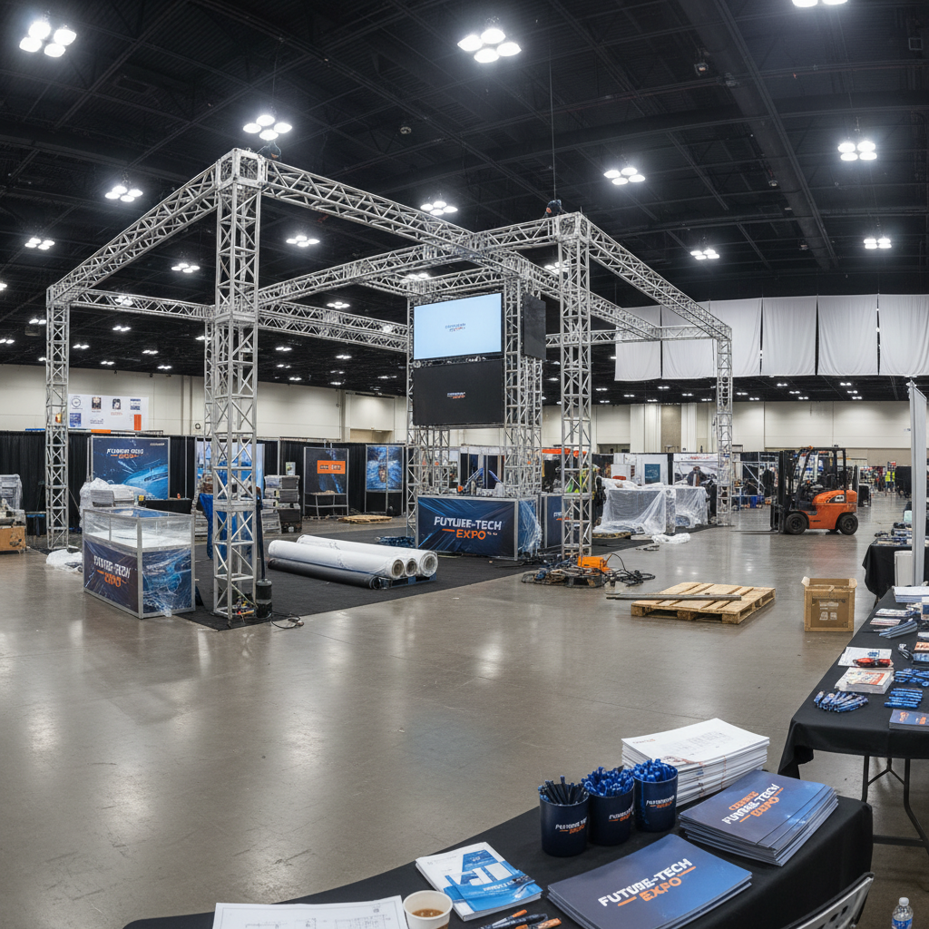 Large convention center interior with dramatic steel space frame roof structure, industrial scale, geometric lattice pattern