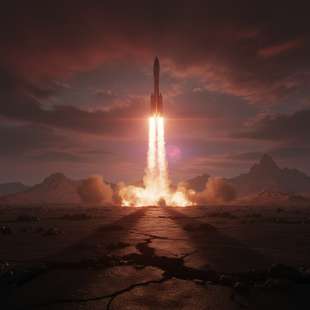 Stellarbound Ignition cinematic still showing spacecraft launching from dying planet surface