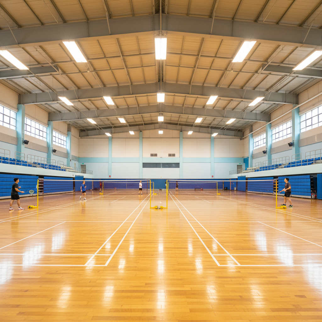 Fully booked singles badminton court with wooden flooring