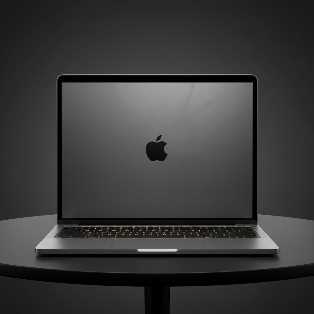 MacBook Pro laptop open on dark table with screen glowing in dim room