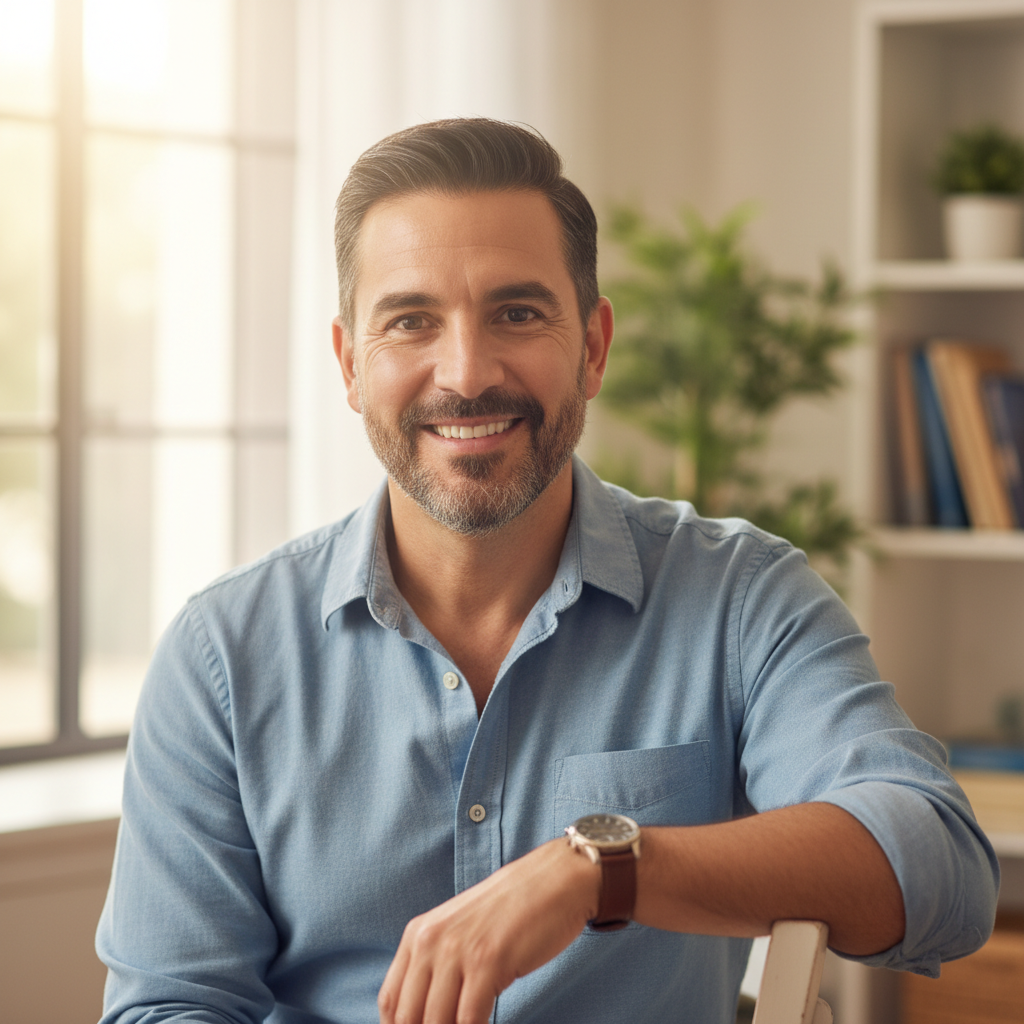 Tomás Reyes, Latino man in his 40s, thoughtful expression, musician background