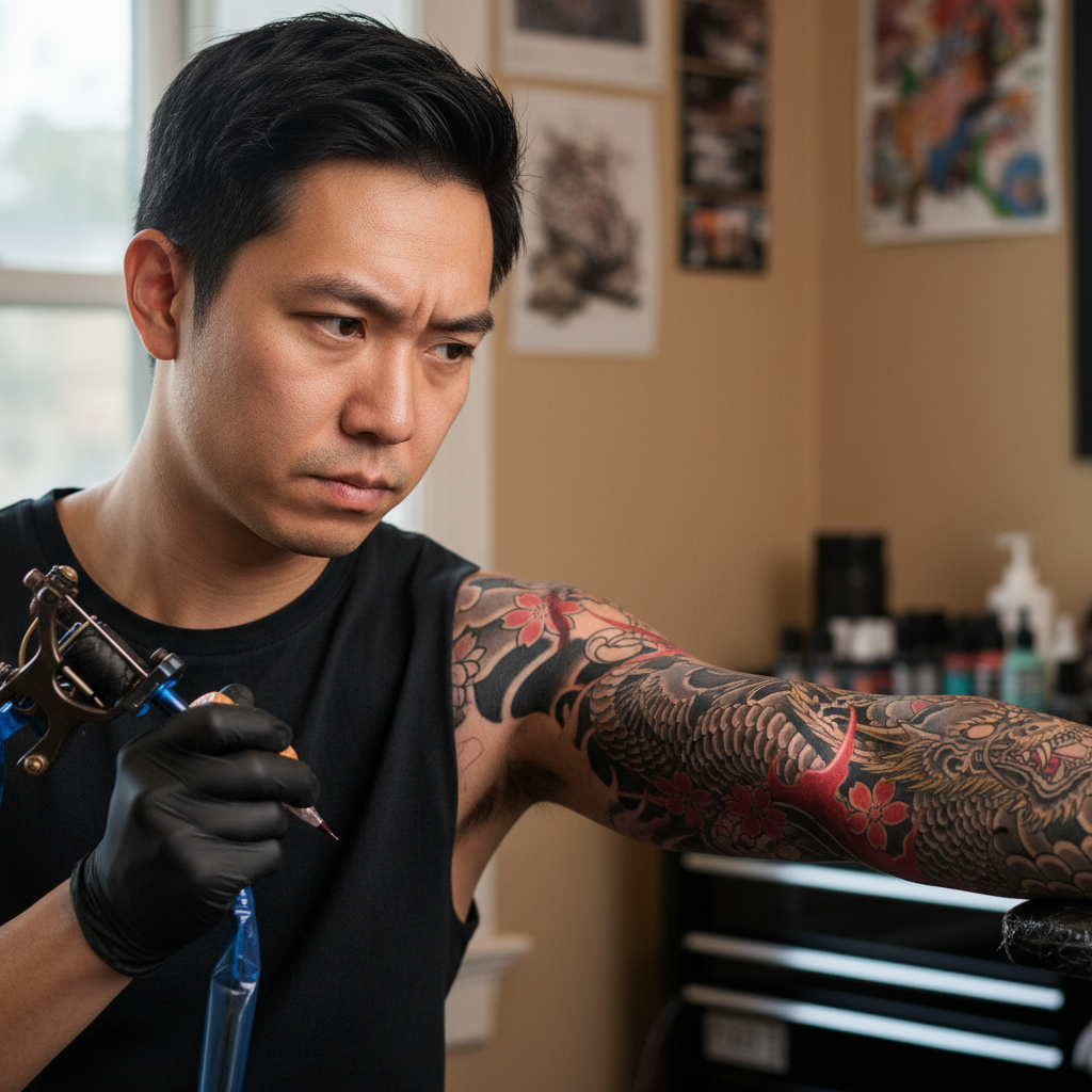 Portrait of Kenji, collector with Japanese full sleeve in progress