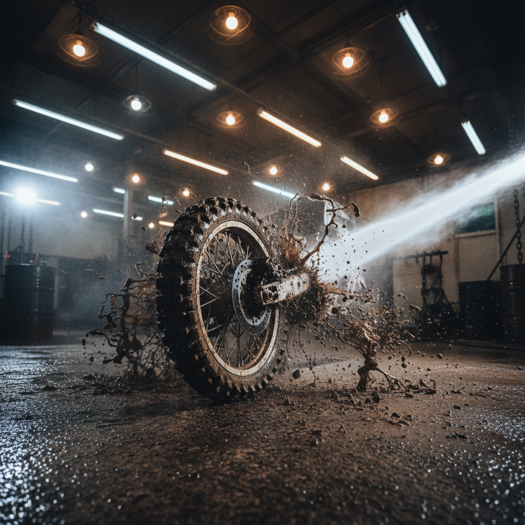 High-pressure water jet blasting mud from motorcycle wheel in dark garage, dramatic water spray frozen in air, moody industrial lighting