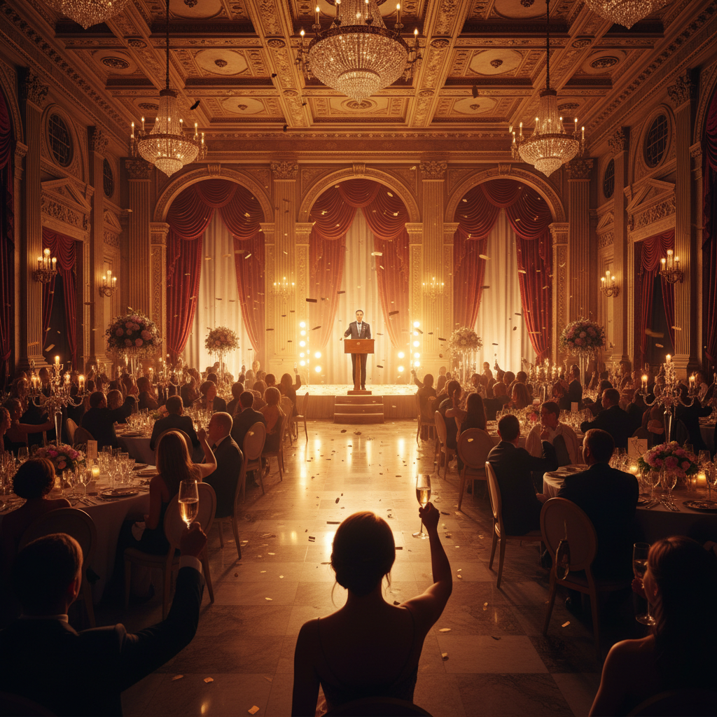 Wedding couple in candlelit ballroom
