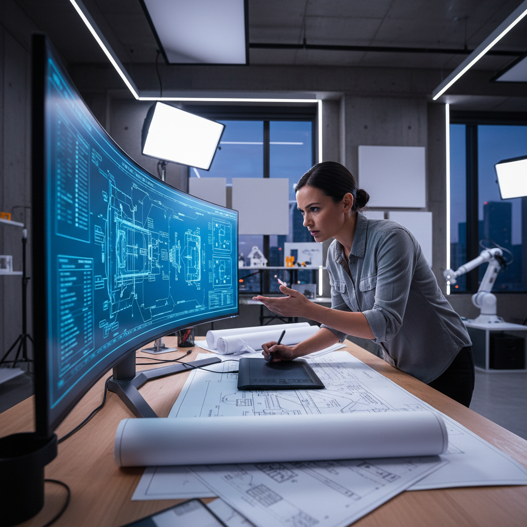 Maritime engineer reviewing technical blueprints and specifications on desk with calculator