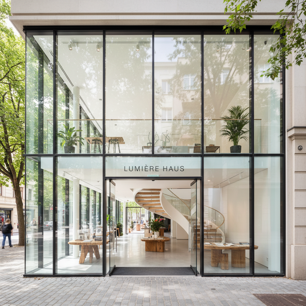 Ground floor retail storefront with glass facade, open plan interior, and visible staircase leading to residential upper level