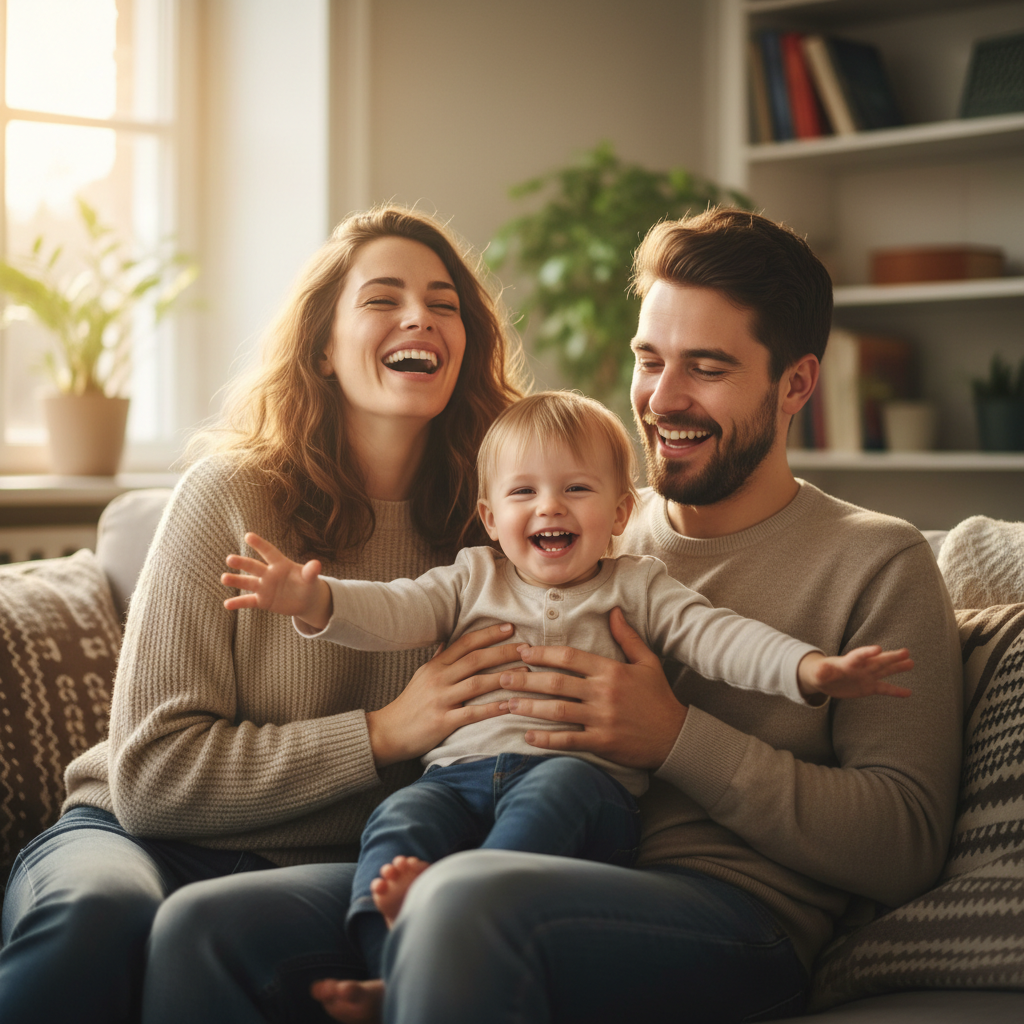 Tom and Abby, a young couple, laughing with a toddler on their lap
