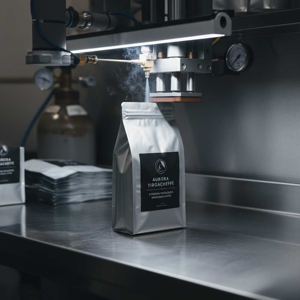 Premium coffee beans in high-barrier flexible packaging with degassing valve and premium printed design
