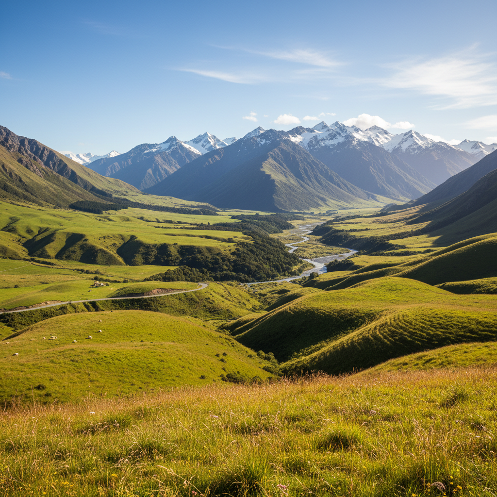 New Zealand fjord landscape — emerald water, vertical rock faces dusted with snow, thick native bush — pristine, vast, and untouched by industry