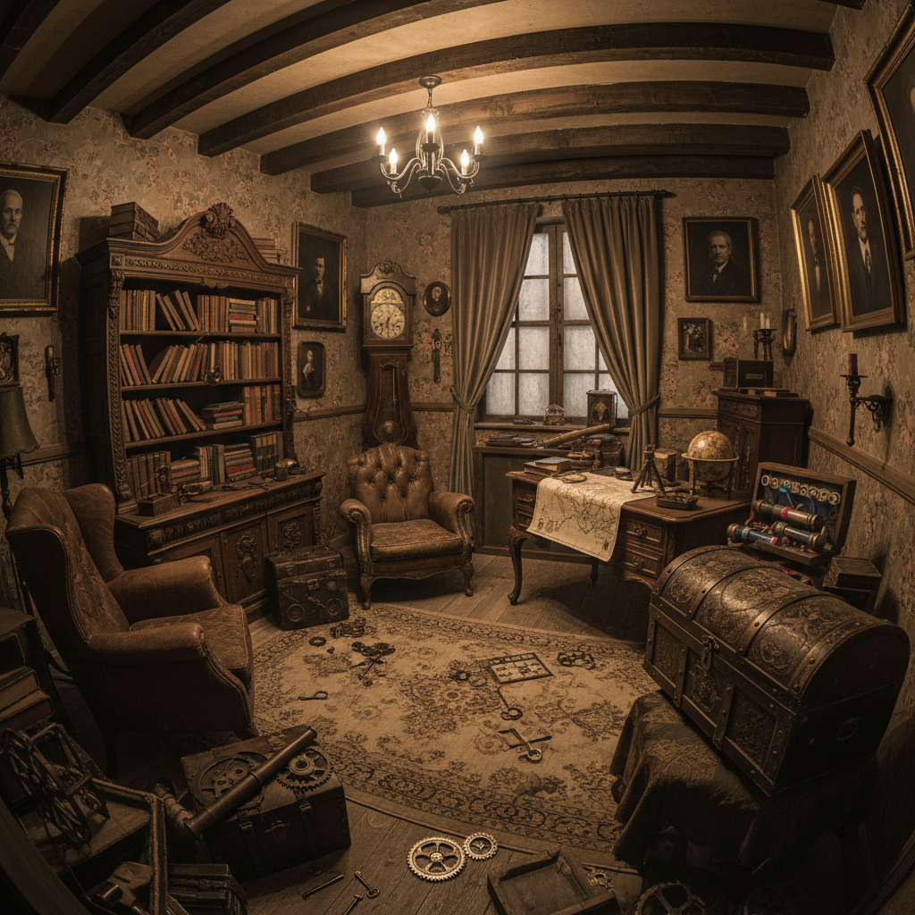 Dark escape room with mysterious clues and puzzles