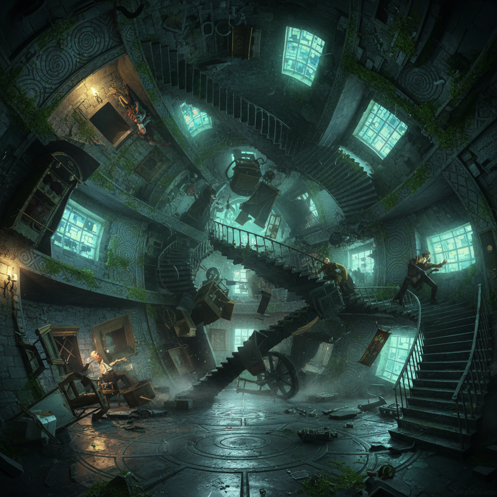 Characters lost in an impossibly shifting castle interior with rooms rotating and gravity defying