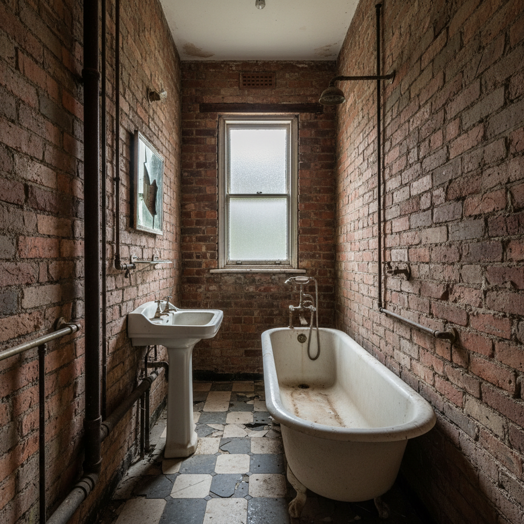 Narrow Victorian bathroom before renovation, exposed brick and original cast iron pipework visible