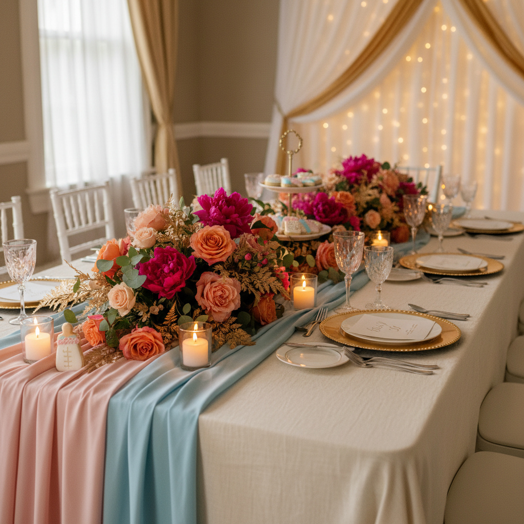 Baby shower table with soft pastel decorations, flowers and baby-themed centerpieces