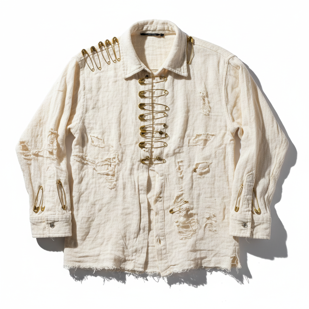 Reconstructed punk muslin shirt with brass safety pin detailing