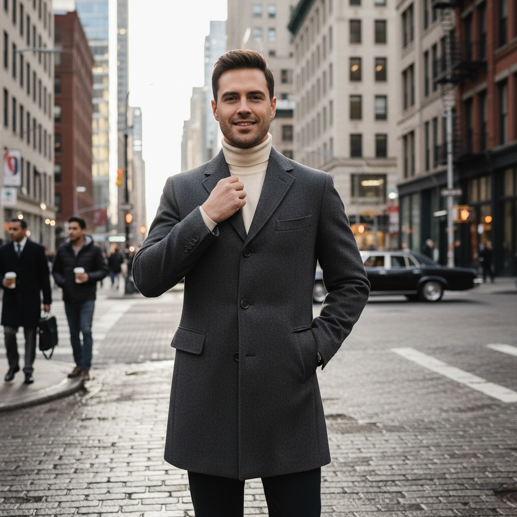 Man in clean tailored outfit in editorial urban setting, minimal fashion photography