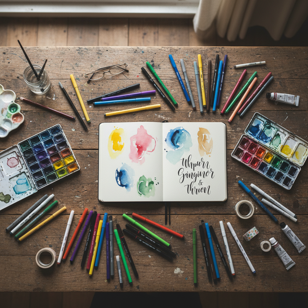 Overhead view of a wooden studio table with brush pens, watercolor pans, open journal, and art supplies mid-creation