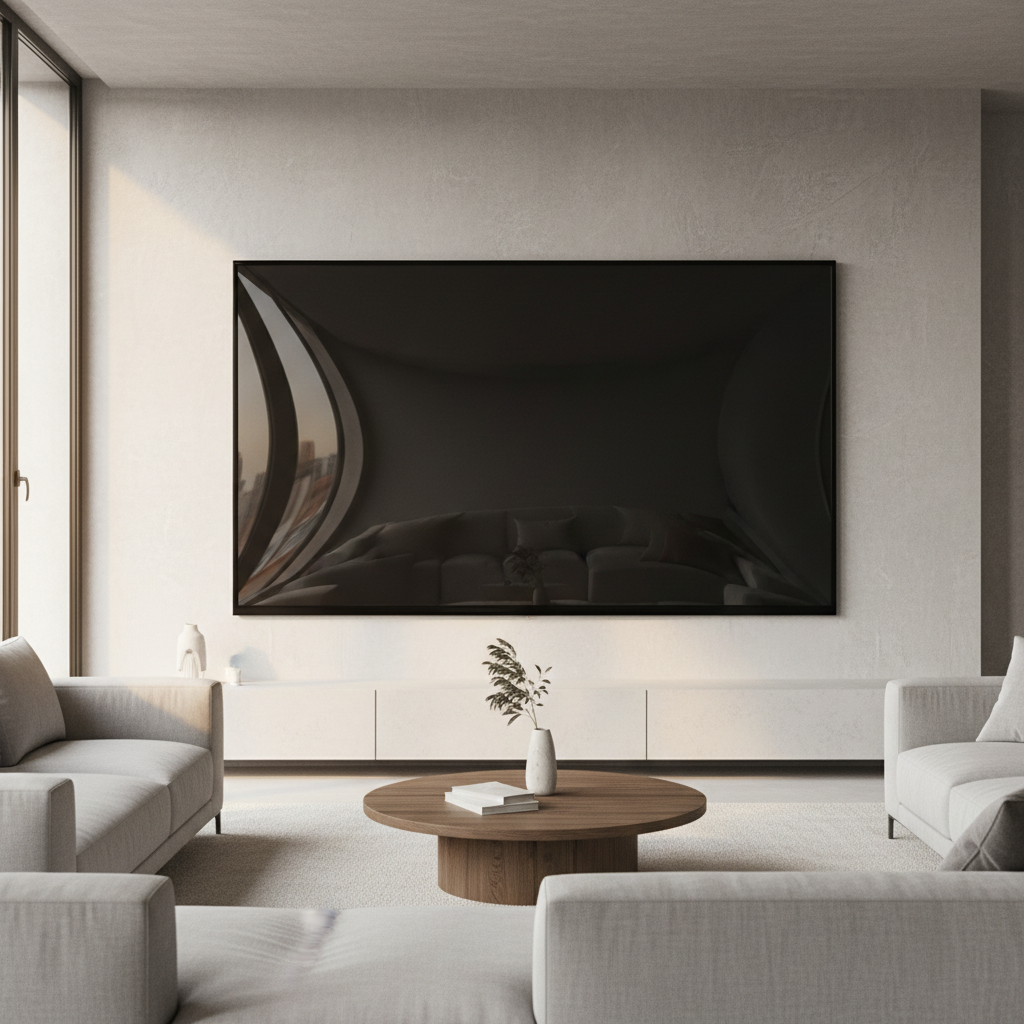 Large flatscreen TV mounted on living room wall, bright modern interior