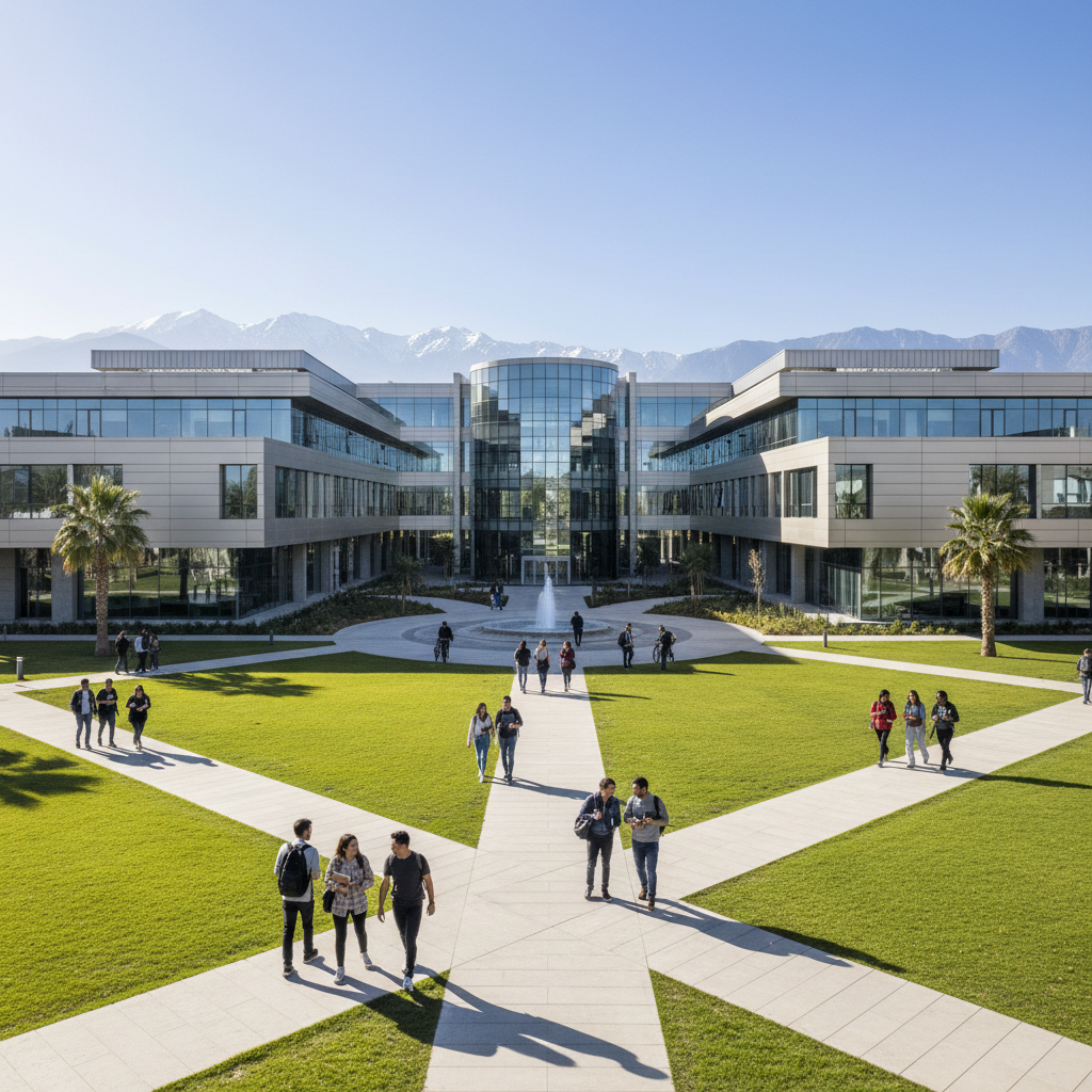 Large college campus building with students walking on pathways