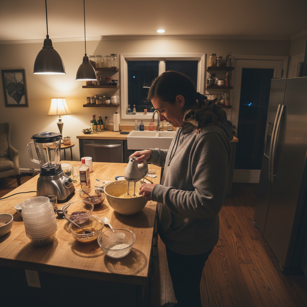 Breeder preparing BML diet in kitchen with gliders on shoulder late at night