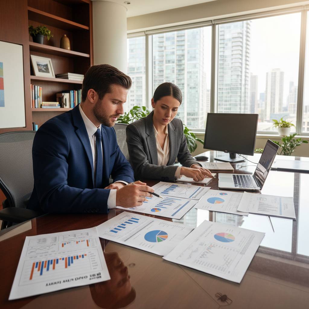 Gelir aşamasındaki girişimciler ofiste finansal grafikleri inceliyor