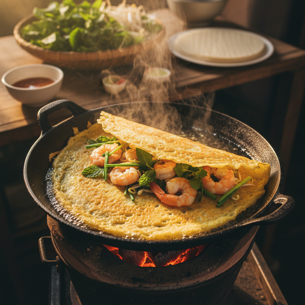 Golden crispy banh xeo sizzling crepe with shrimp and herbs