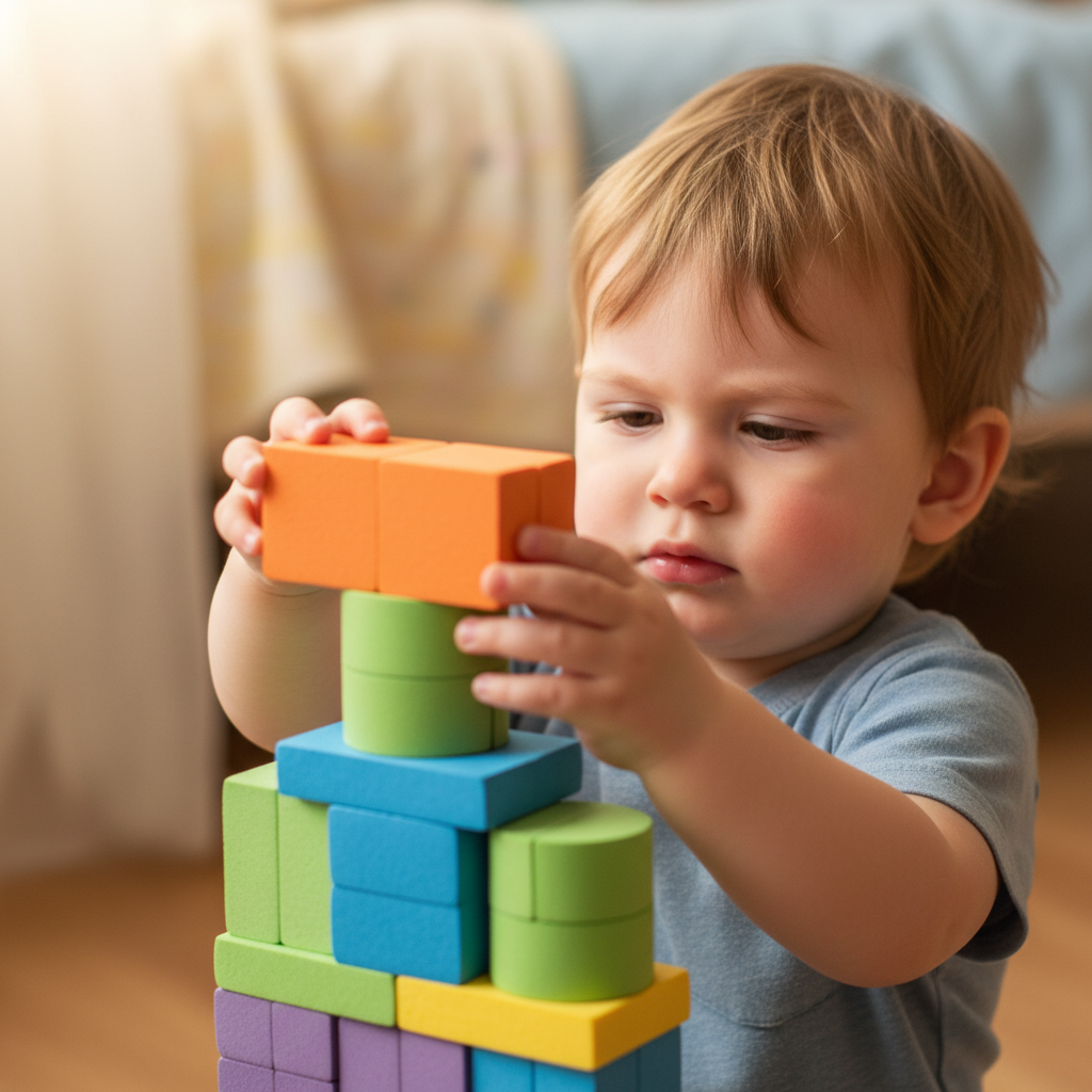 Young boy stacking colorful wooden blocks with focused concentration