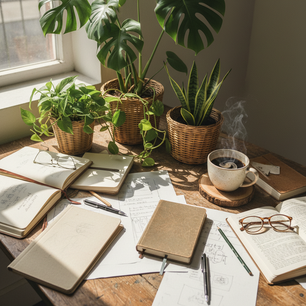 Overhead view of a person's workspace with plants, coffee, and scattered notebooks suggesting organized chaos