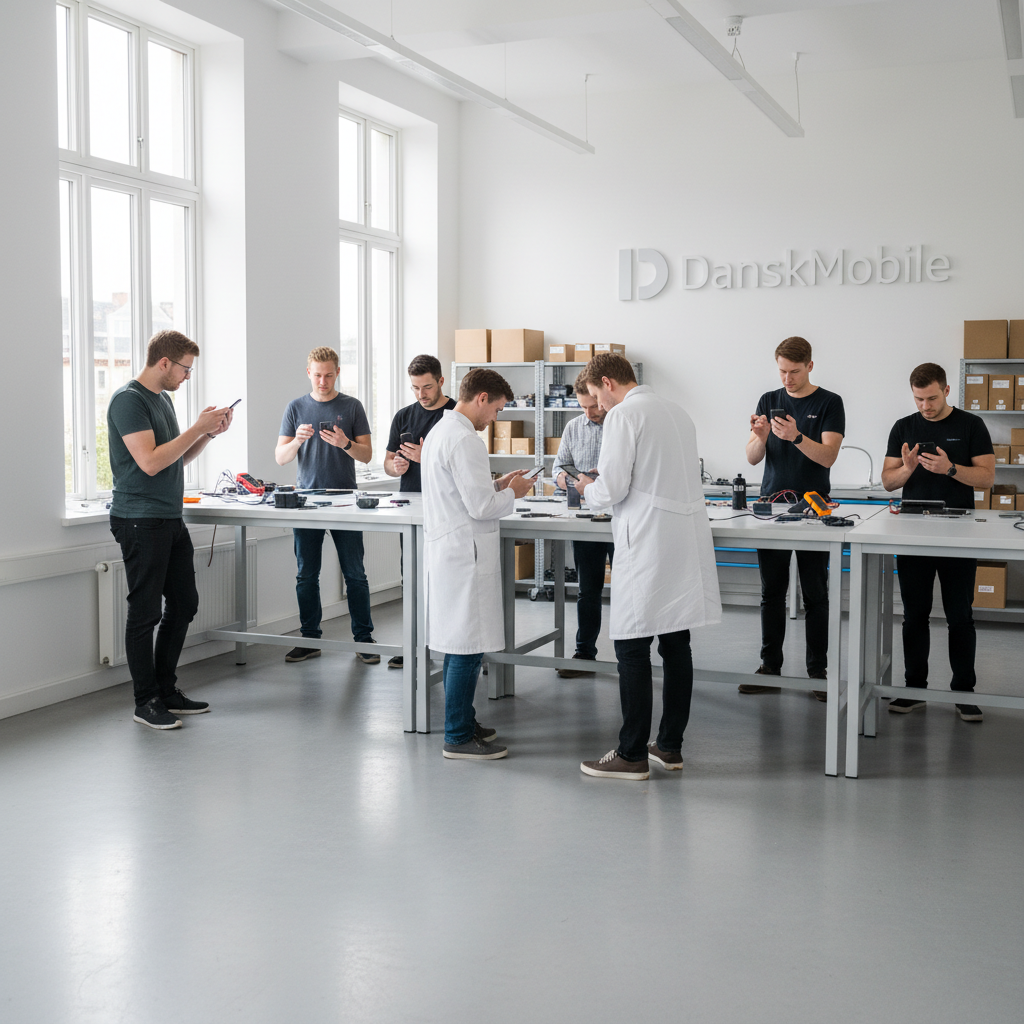 DanskMobile team inspecting smartphones in a well-lit workshop with white walls and natural light