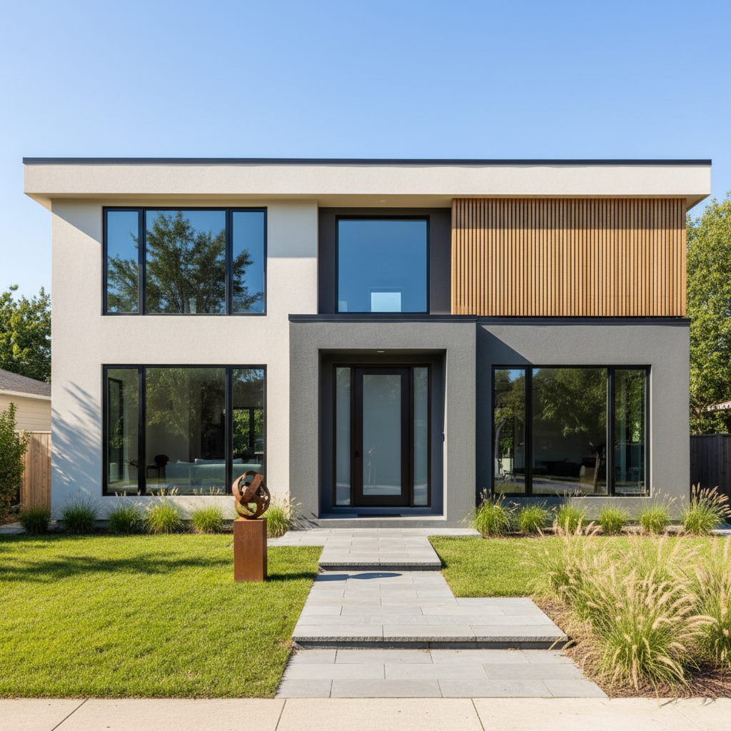 Moderne recreatiewoning in groen landschap, donkere houten gevels met terras