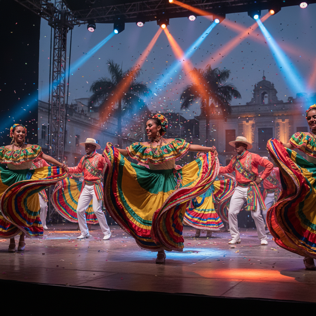 Músicos colombianos tradicionales con trajes folclóricos coloridos tocando en un festival cultural, cálida luz de la tarde, expresiones alegres