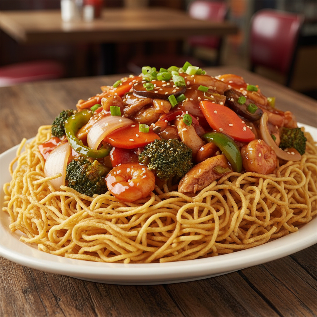 Ло Мейн с креветками — authentic Chinese dish, professionally plated, dark moody background, commercial food photography