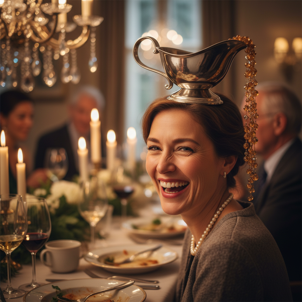 Woman in gravy boat hat accessory laughing at dinner