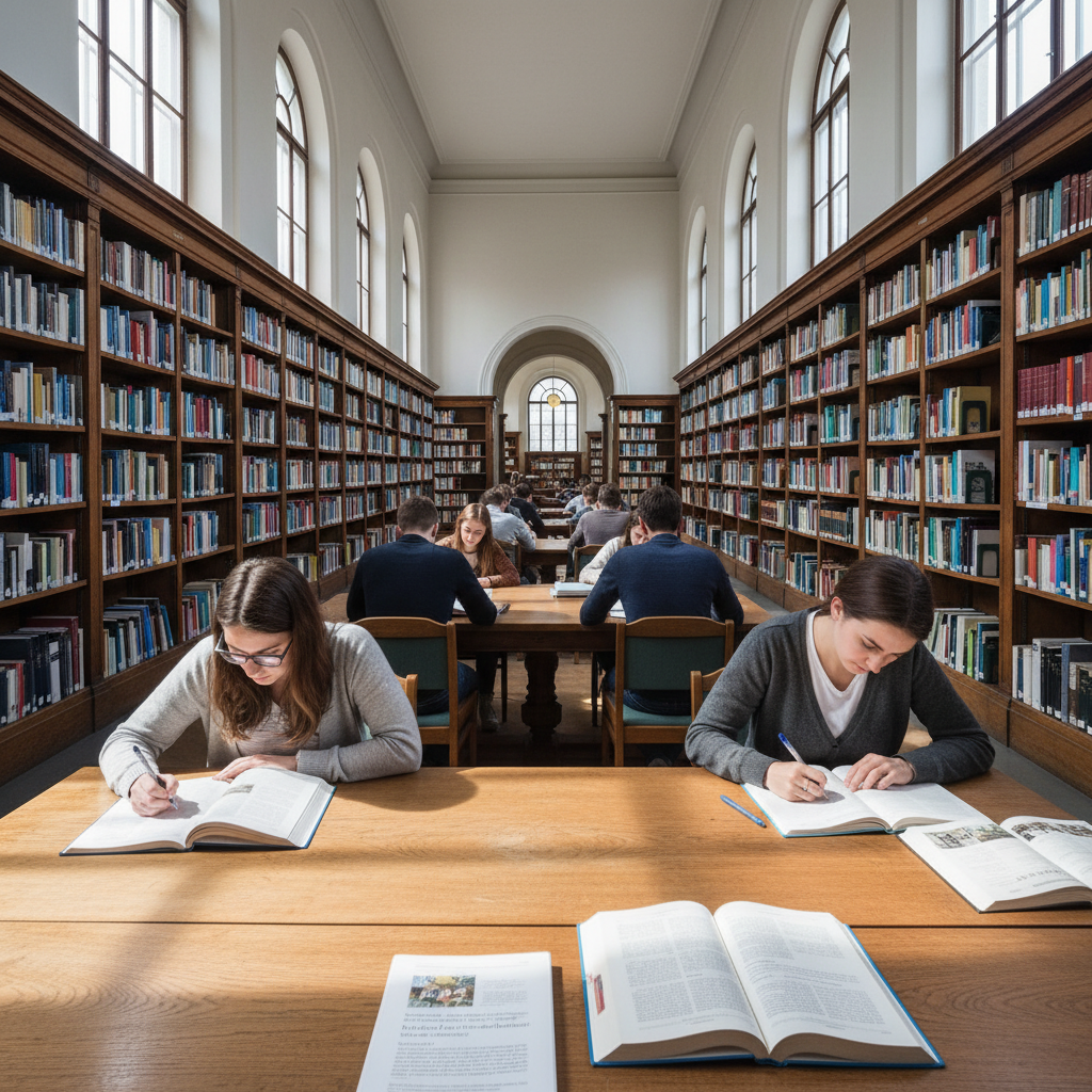 Student studying with books in bright library with warm natural light