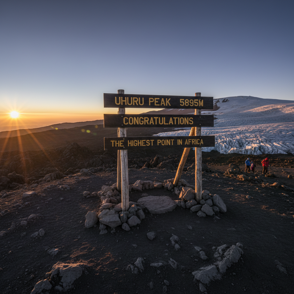 Kilimanjaro summit at dawn, dark volcanic terrain, cold atmospheric mountain light