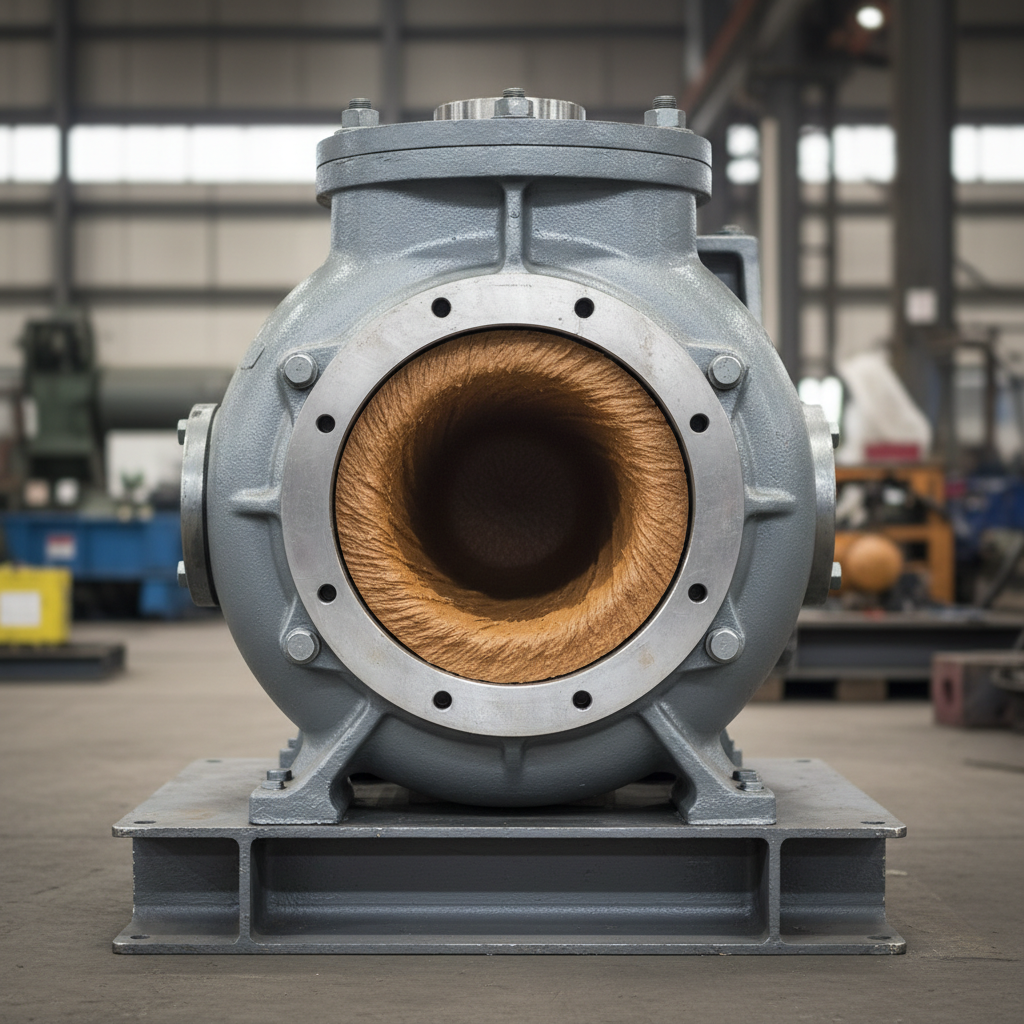 Heavy-duty slurry pump with rubber lining visible in cutaway section, mounted on baseplate