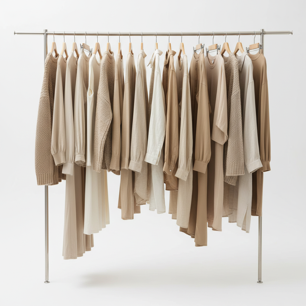 Neutral colored t-shirts hanging on a clothing rack