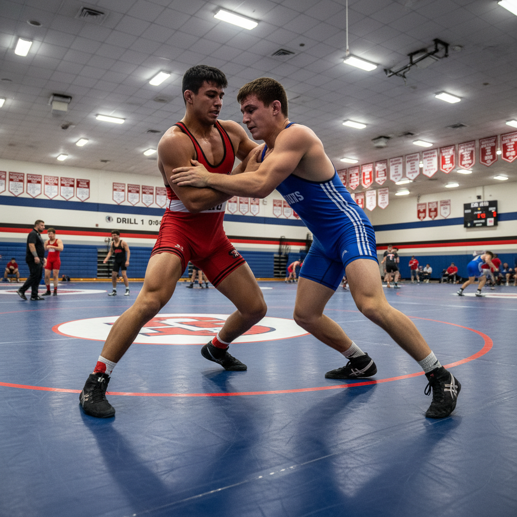 Wrestler in singlet drilling takedown technique with a training partner on competition mat