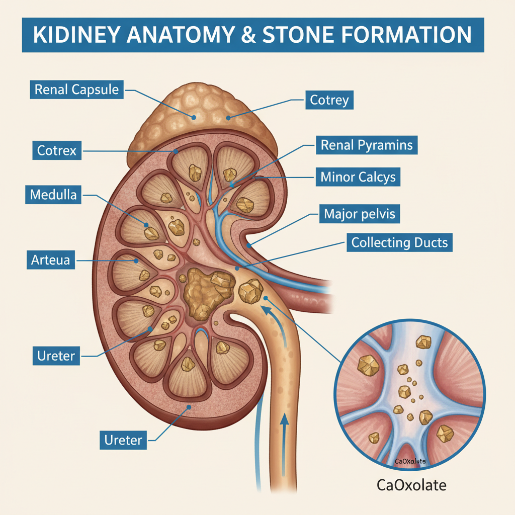 Medical illustration representing kidney anatomy and stone formation
