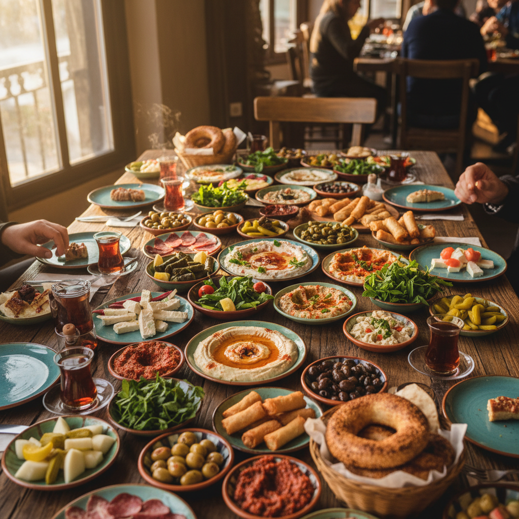 Communal table crowded with Turkish mezze dishes and tea glasses
