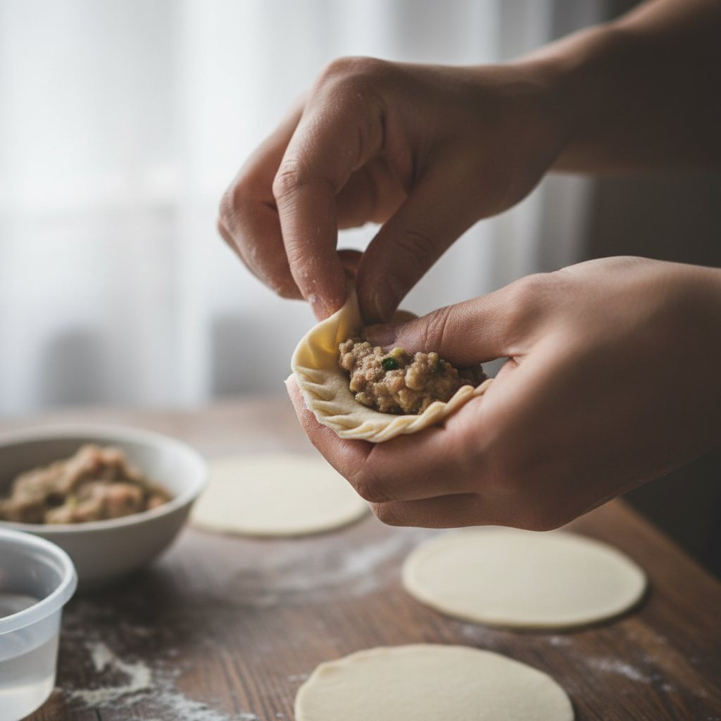 Close-up of hands delicately folding a xiaolongbao dumpling, eighteen pleats visible, flour dusted wooden surface