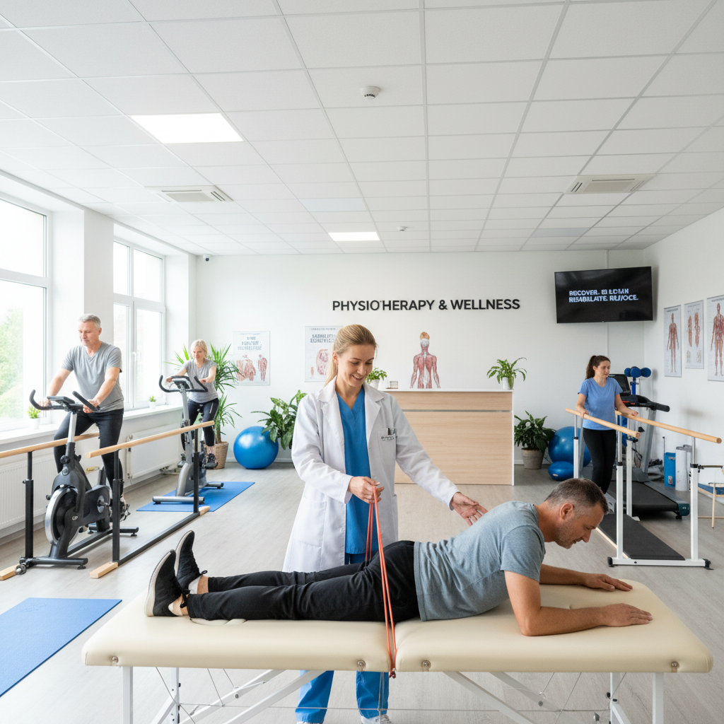 Athlete doing rehabilitation exercises with resistance bands in a bright clinic